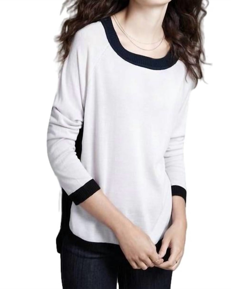 Front of a model wearing a size Large Ringer Neck Pullover in Stone/Navy/Black in Stone/Navy/Black by LABEL+thread. | dia_product_style_image_id:343183